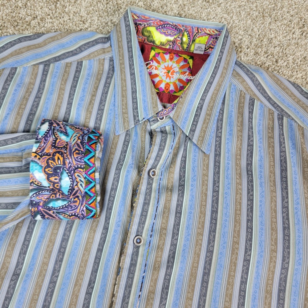 Robert Graham Button Down Shirt Mens 2XL Blue Tan Striped Paisley Flip Cuff L/S